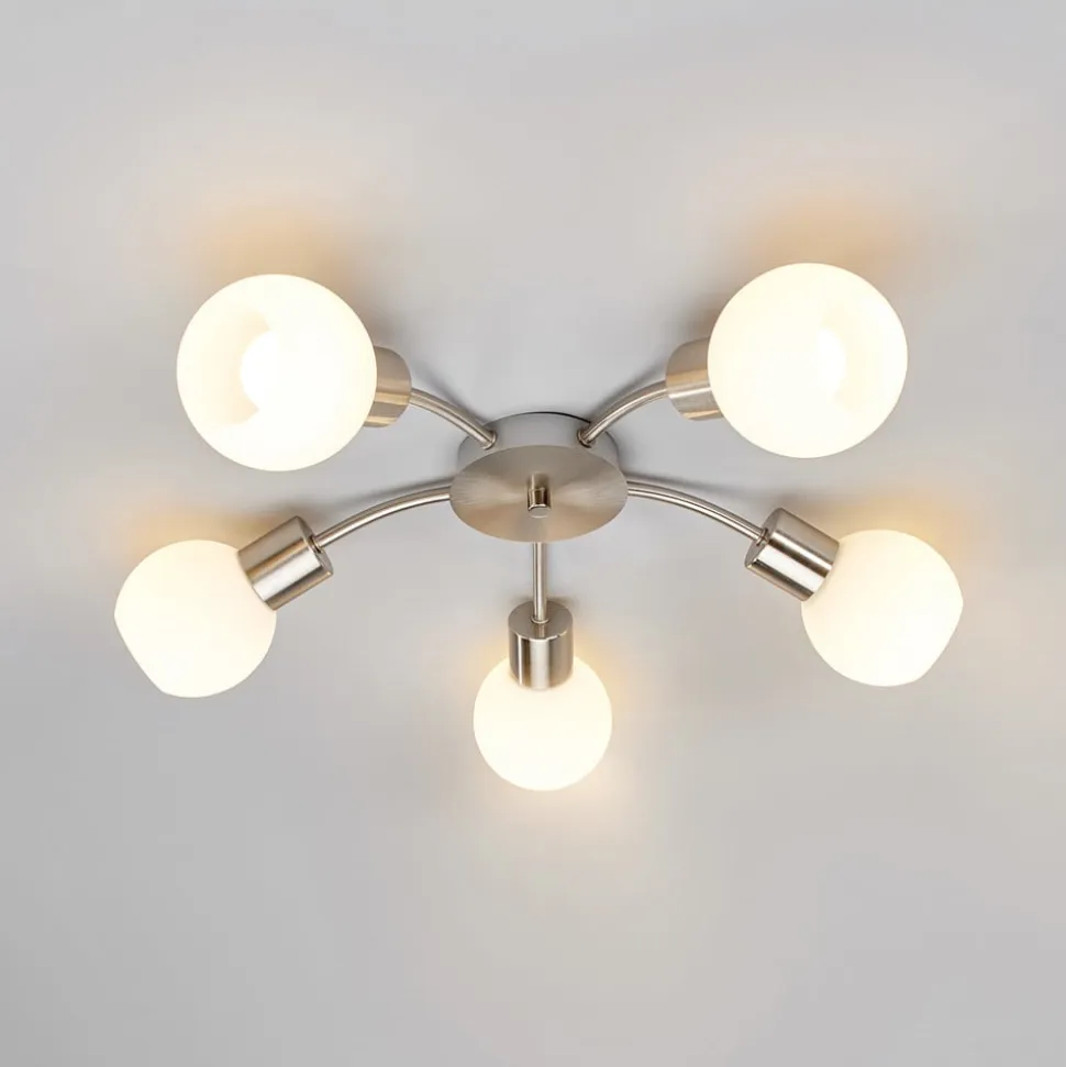 Lindby loftlampe Elaina, Ø 54cm, 5 lyskilder, nikkel, glas, E14