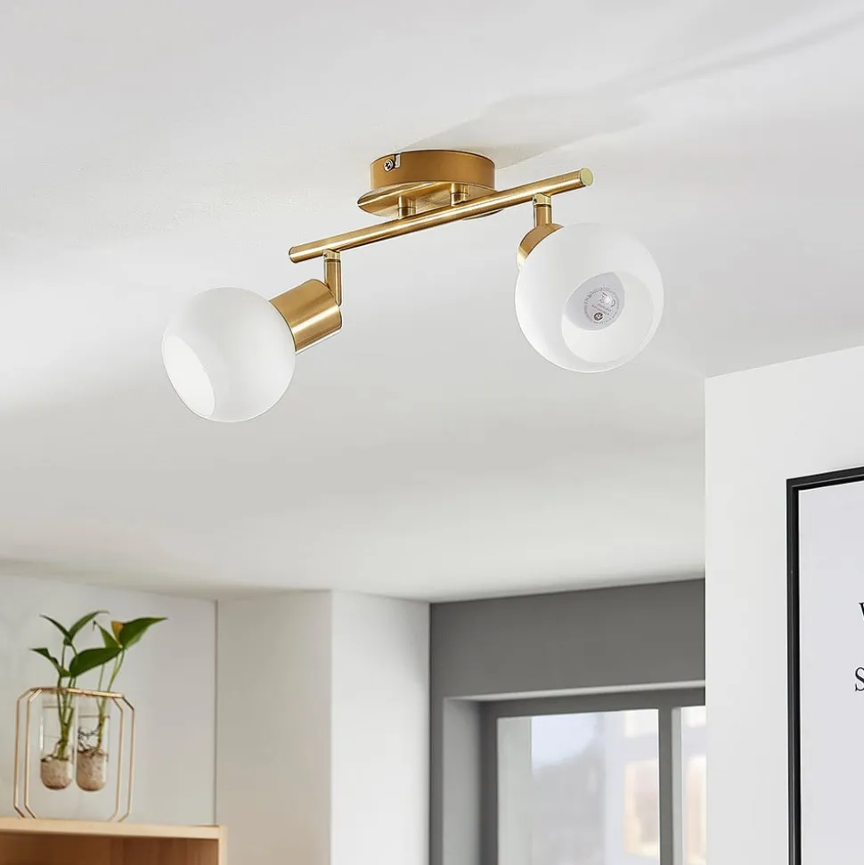 Lindby loftlampe Elaina, 30 cm, 2 lyskilder, messing, glas, E14