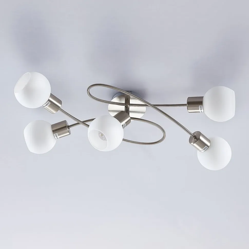 Lindby loftlampe Elaina, 65 cm, 5 lyskilder, nikkel, glas, E14