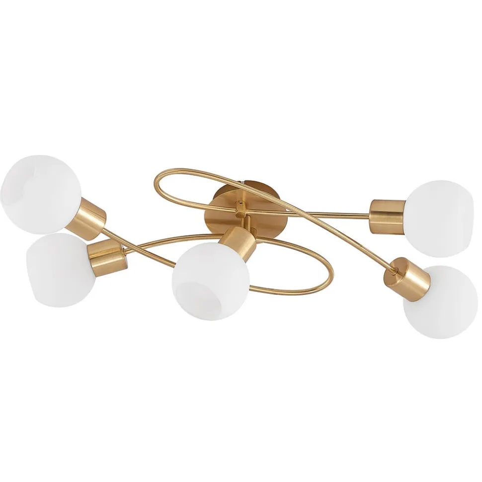 Lindby loftlampe Elaina, 66 cm, 5 lyskilder, messingfarvet, glas