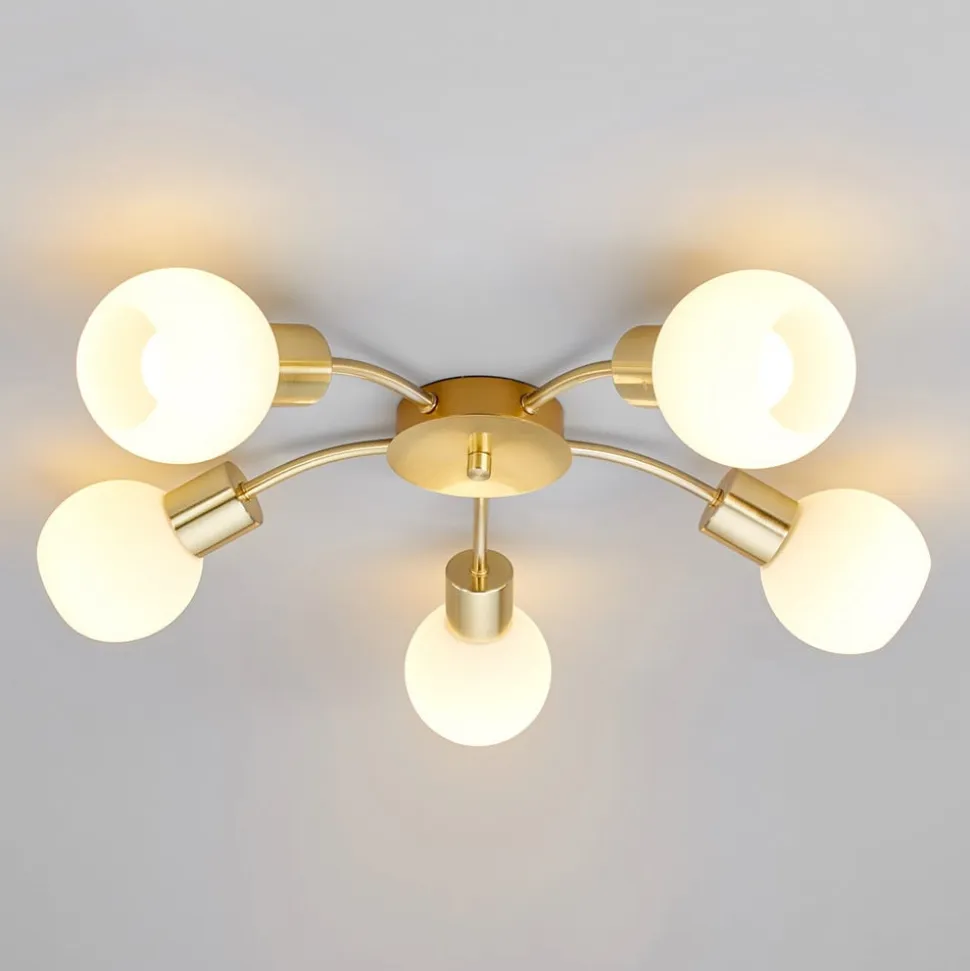 Lindby loftlampe Elaina, Ø54cm, 5 lyskilder, messing, glas, E14