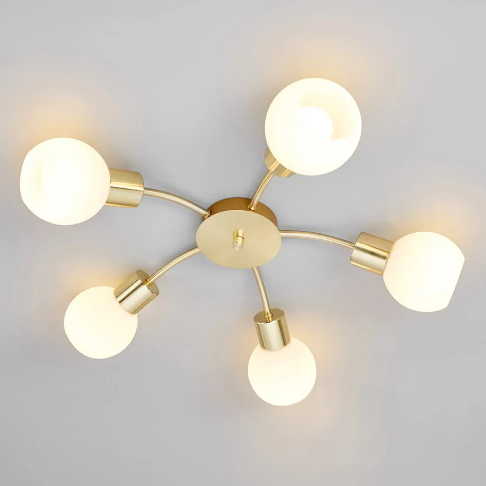 Lindby loftlampe Elaina, Ø54cm, 5 lyskilder, messing, glas, E14