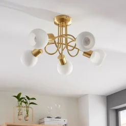 Lindby loftlampe Elaina, Ø50cm, 5 lyskilder, messing, glas, E14