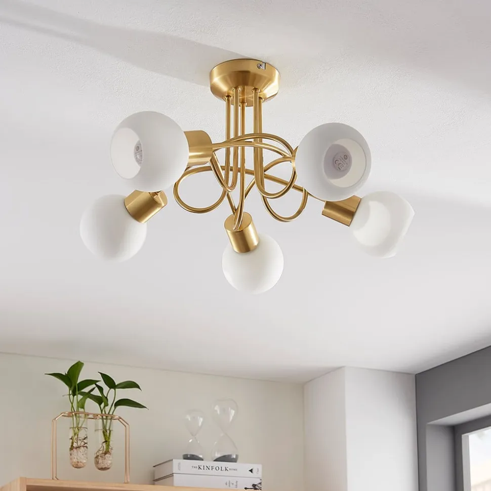 Lindby loftlampe Elaina, Ø50cm, 5 lyskilder, messing, glas, E14