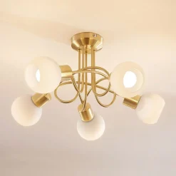 Lindby loftlampe Elaina, Ø50cm, 5 lyskilder, messing, glas, E14