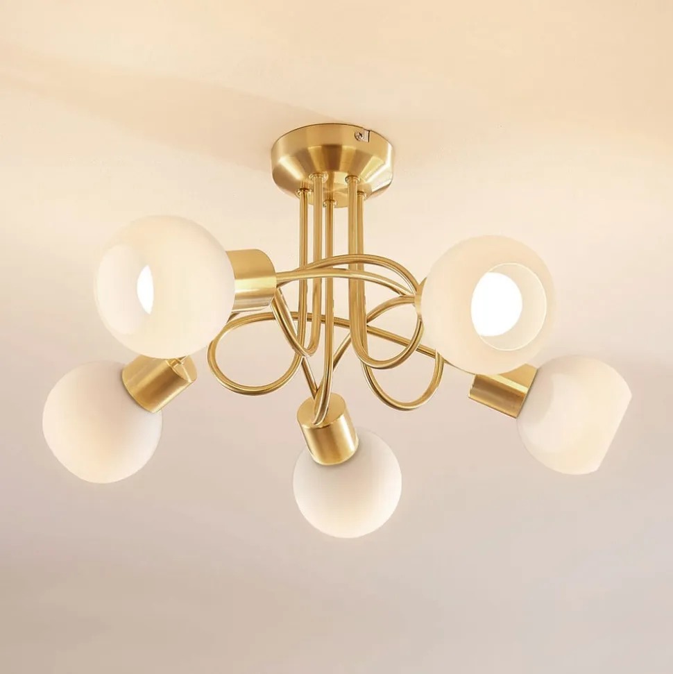 Lindby loftlampe Elaina, Ø50cm, 5 lyskilder, messing, glas, E14