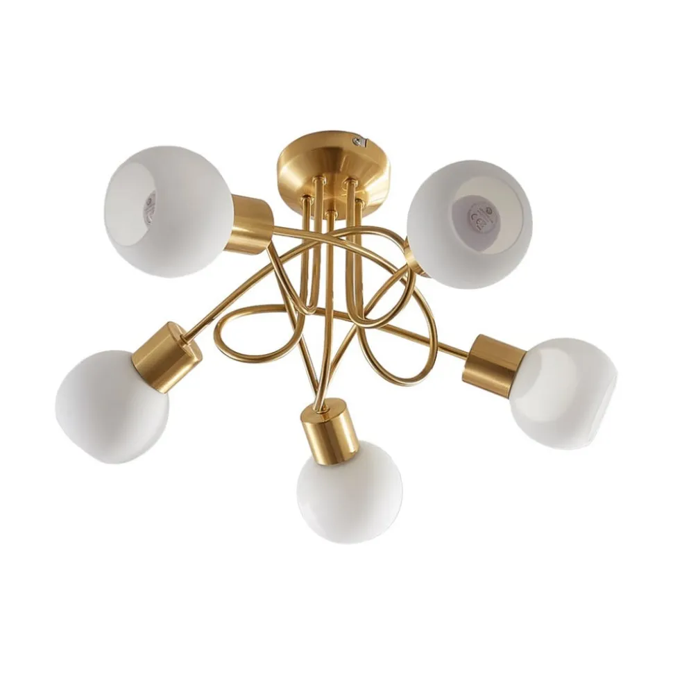 Lindby loftlampe Elaina, Ø50cm, 5 lyskilder, messing, glas, E14