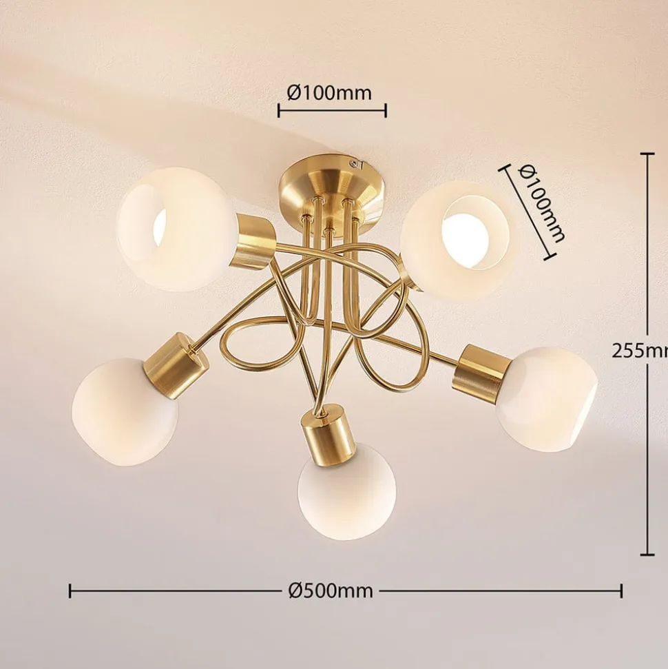 Lindby loftlampe Elaina, Ø50cm, 5 lyskilder, messing, glas, E14