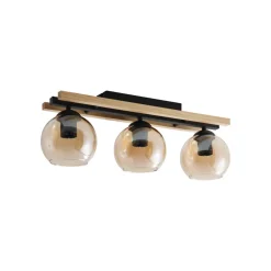 Lindby loftlampe Enrique, amber, 3 lyskilder, glas, træ, E27