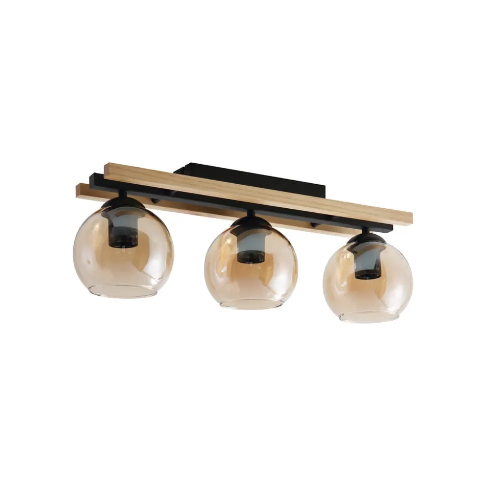 Lindby loftlampe Enrique, amber, 3 lyskilder, glas, træ, E27