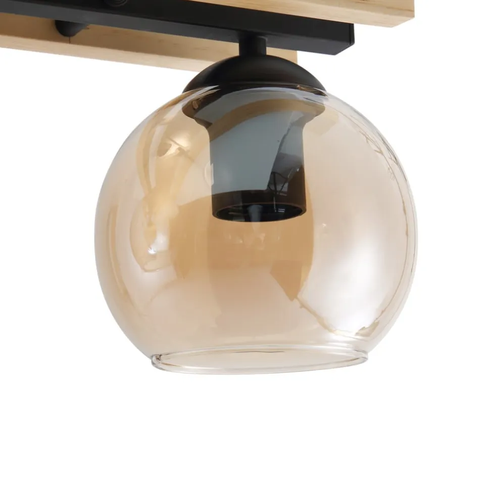 Lindby loftlampe Enrique, amber, 3 lyskilder, glas, træ, E27