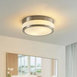 Lindby Loftlampe Flavi, Ø 28 cm, nikkel, glas, IP44, E27