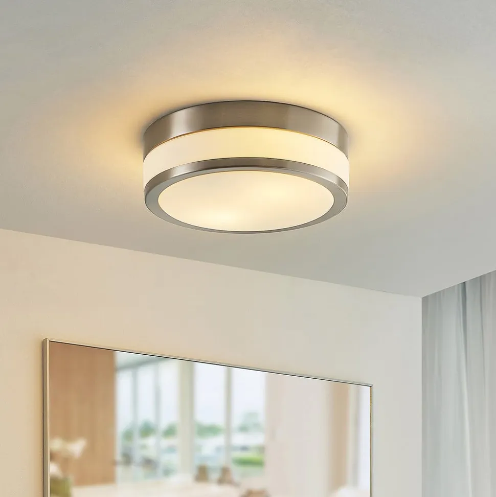 Lindby Loftlampe Flavi, Ø 28 cm, nikkel, glas, IP44, E27