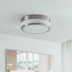 Lindby Loftlampe Flavi, Ø 28 cm, nikkel, glas, IP44, E27