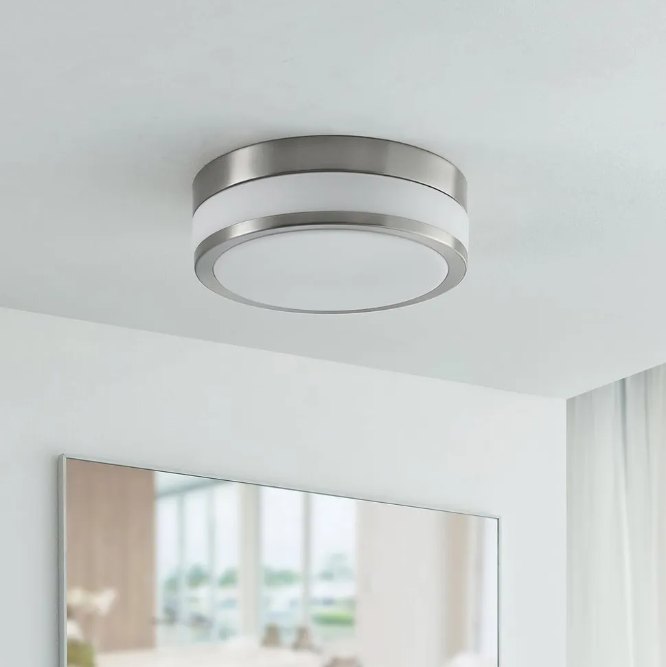 Lindby Loftlampe Flavi, Ø 28 cm, nikkel, glas, IP44, E27