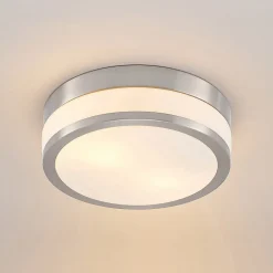 Lindby Loftlampe Flavi, Ø 28 cm, nikkel, glas, IP44, E27