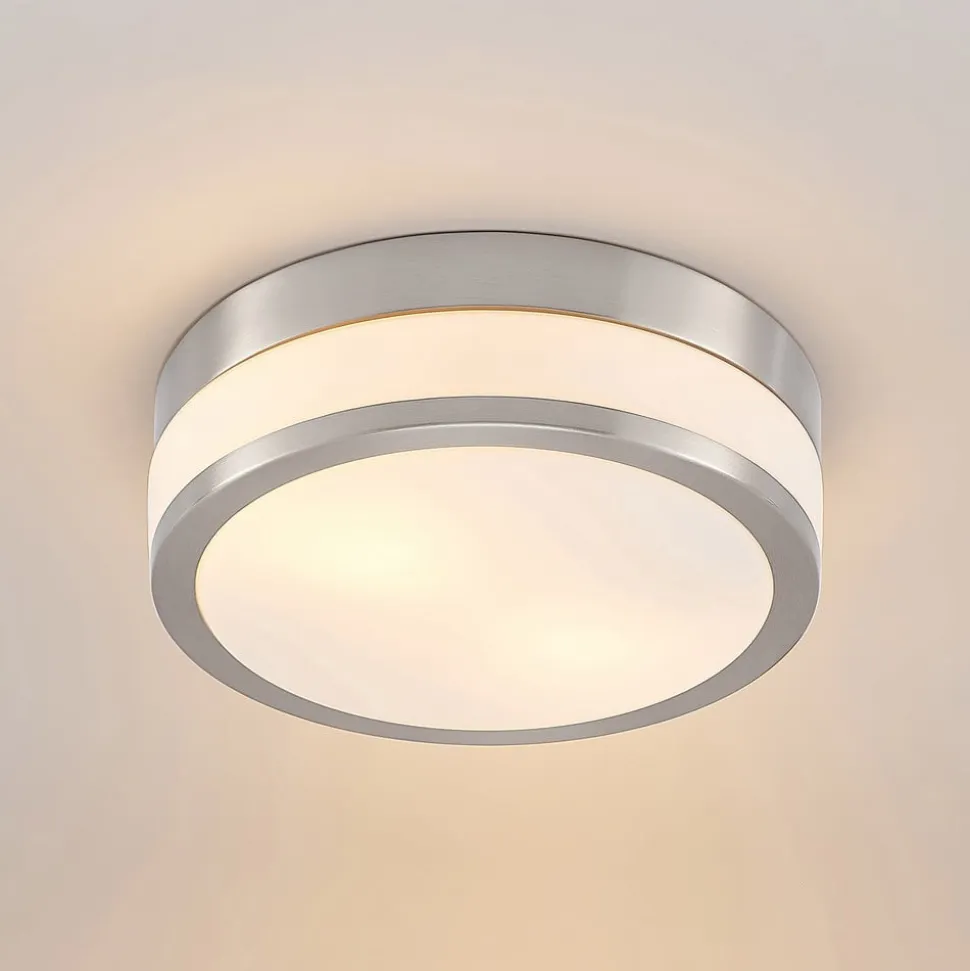 Lindby Loftlampe Flavi, Ø 28 cm, nikkel, glas, IP44, E27