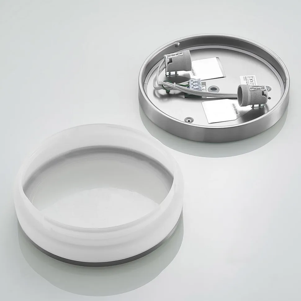 Lindby Loftlampe Flavi, Ø 28 cm, nikkel, glas, IP44, E27