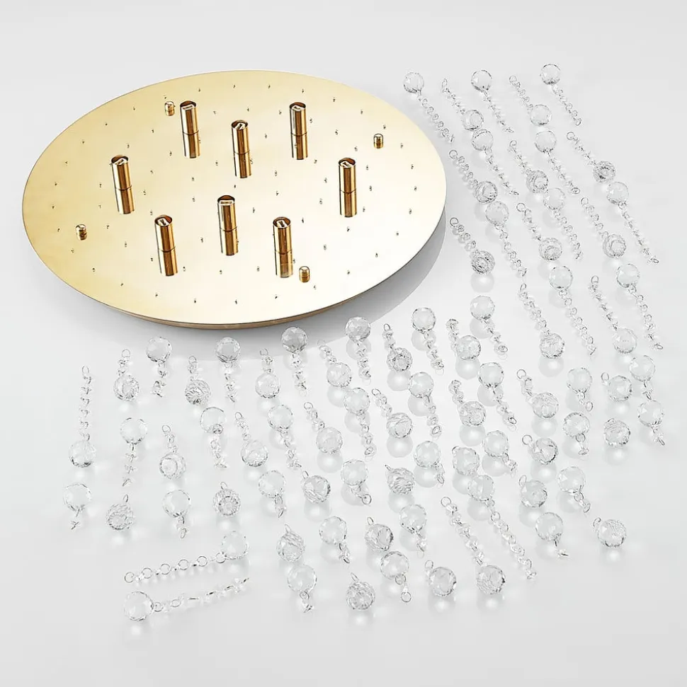 Lindby loftlampe Gillion, 8 lyskilder, guld, krystal, Ø 55cm