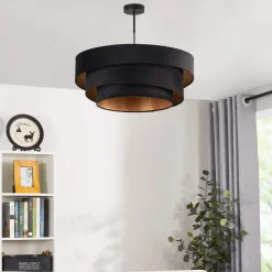 Lindby loftlampe Jusari, sort, tekstil, Ø 56 cm, E27