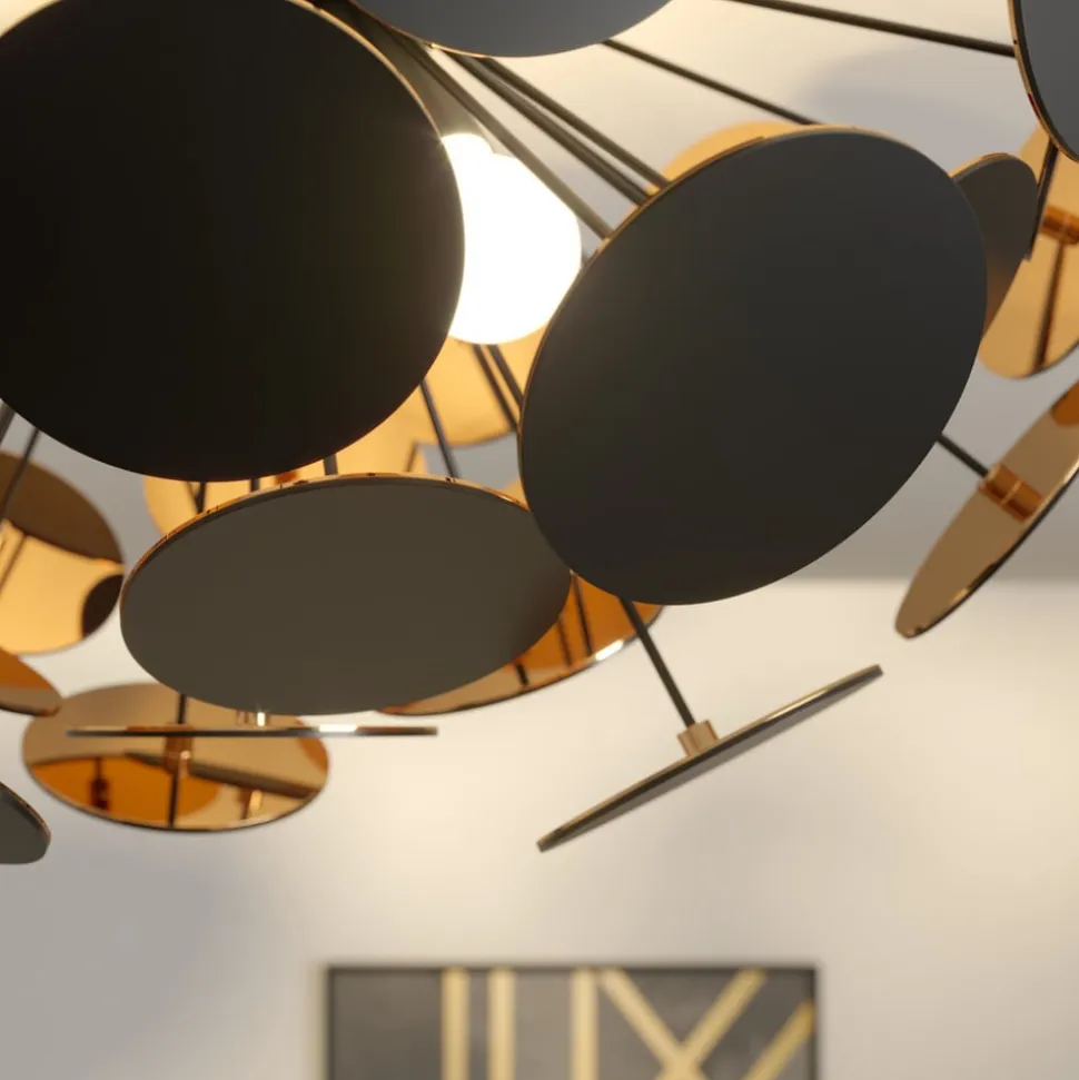 Lindby loftlampe Kinan, Ø 54 cm, sort, guld, E14