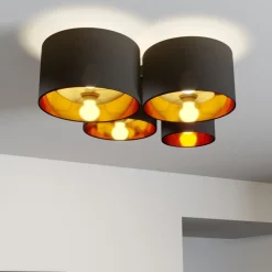 Lindby loftlampe Laurenz, 4 lyskilder, sort/guld, tekstil