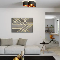 Lindby loftlampe Laurenz, 4 lyskilder, sort/guld, tekstil