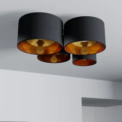 Lindby loftlampe Laurenz, 4 lyskilder, sort/guld, tekstil