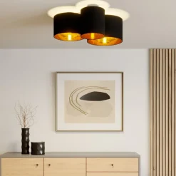 Lindby loftlampe Laurenz, 3 lyskilder, sort/guld, tekstil