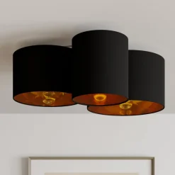 Lindby loftlampe Laurenz, 3 lyskilder, sort/guld, tekstil