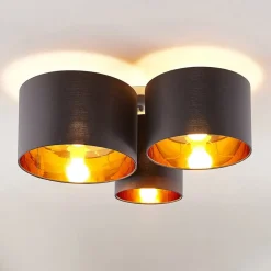 Lindby loftlampe Laurenz, 3 lyskilder, grå/guld, tekstil