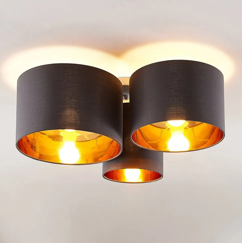 Lindby loftlampe Laurenz, 3 lyskilder, grå/guld, tekstil