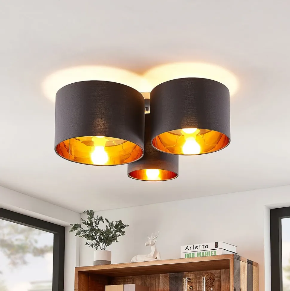 Lindby loftlampe Laurenz, 3 lyskilder, grå/guld, tekstil