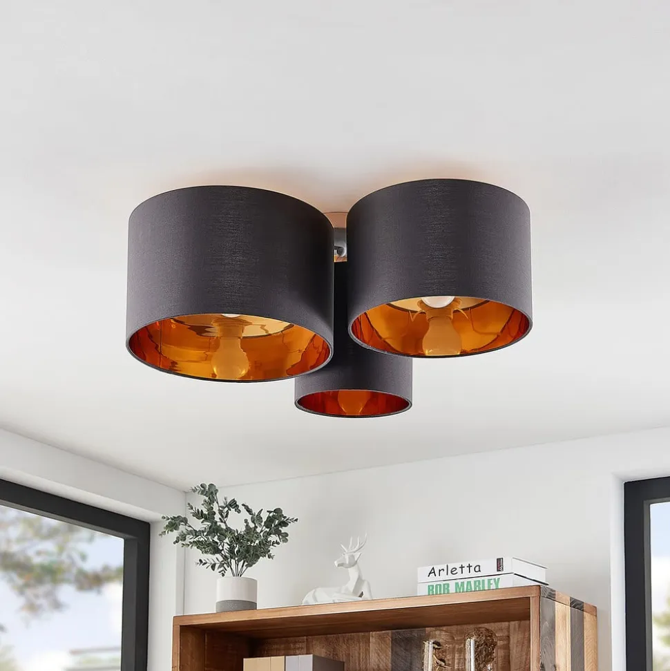 Lindby loftlampe Laurenz, 3 lyskilder, grå/guld, tekstil