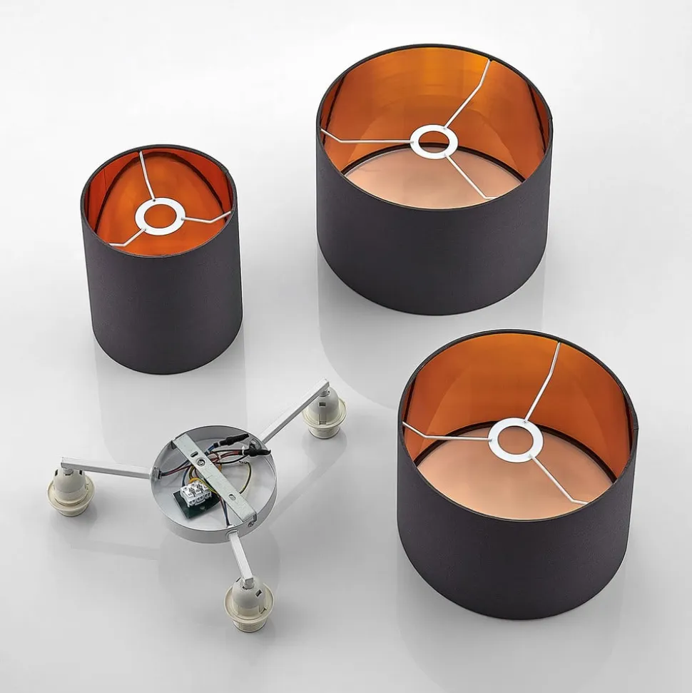 Lindby loftlampe Laurenz, 3 lyskilder, grå/guld, tekstil