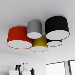 Lindby loftlampe Laurenz, 5 lyskilder, 93 cm, rød/gul, tekstil