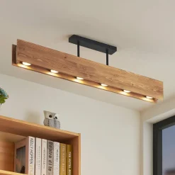 Lindby loftlampe Malwin, GU10, 100 cm lang, 6 lyskilder, træ