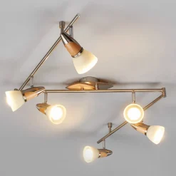 Lindby loftlampe Marena, 6 lyskilder, glas, træ, 180 cm lang
