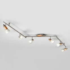 Lindby loftlampe Marena, 6 lyskilder, glas, træ, 180 cm lang