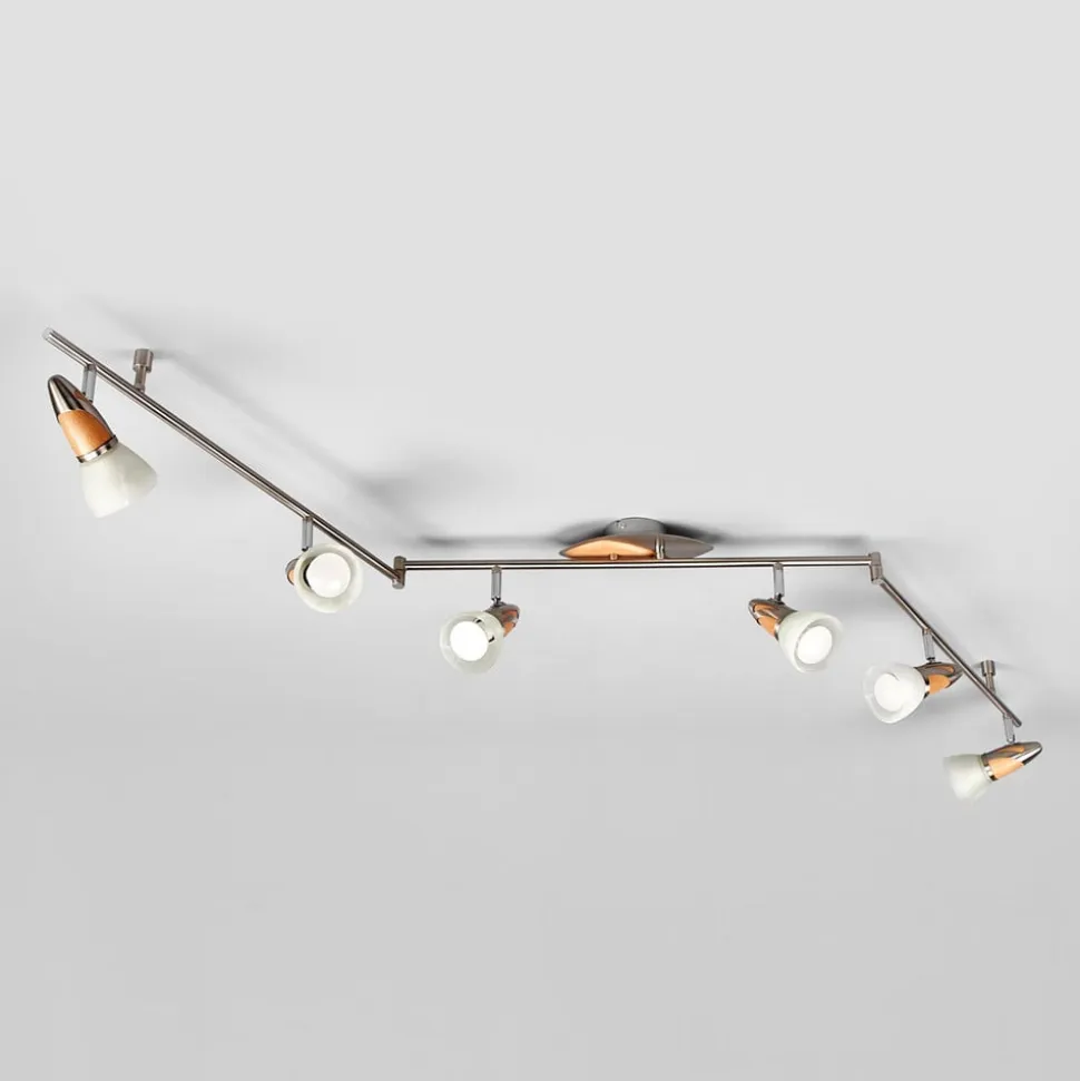 Lindby loftlampe Marena, 6 lyskilder, glas, træ, 180 cm lang