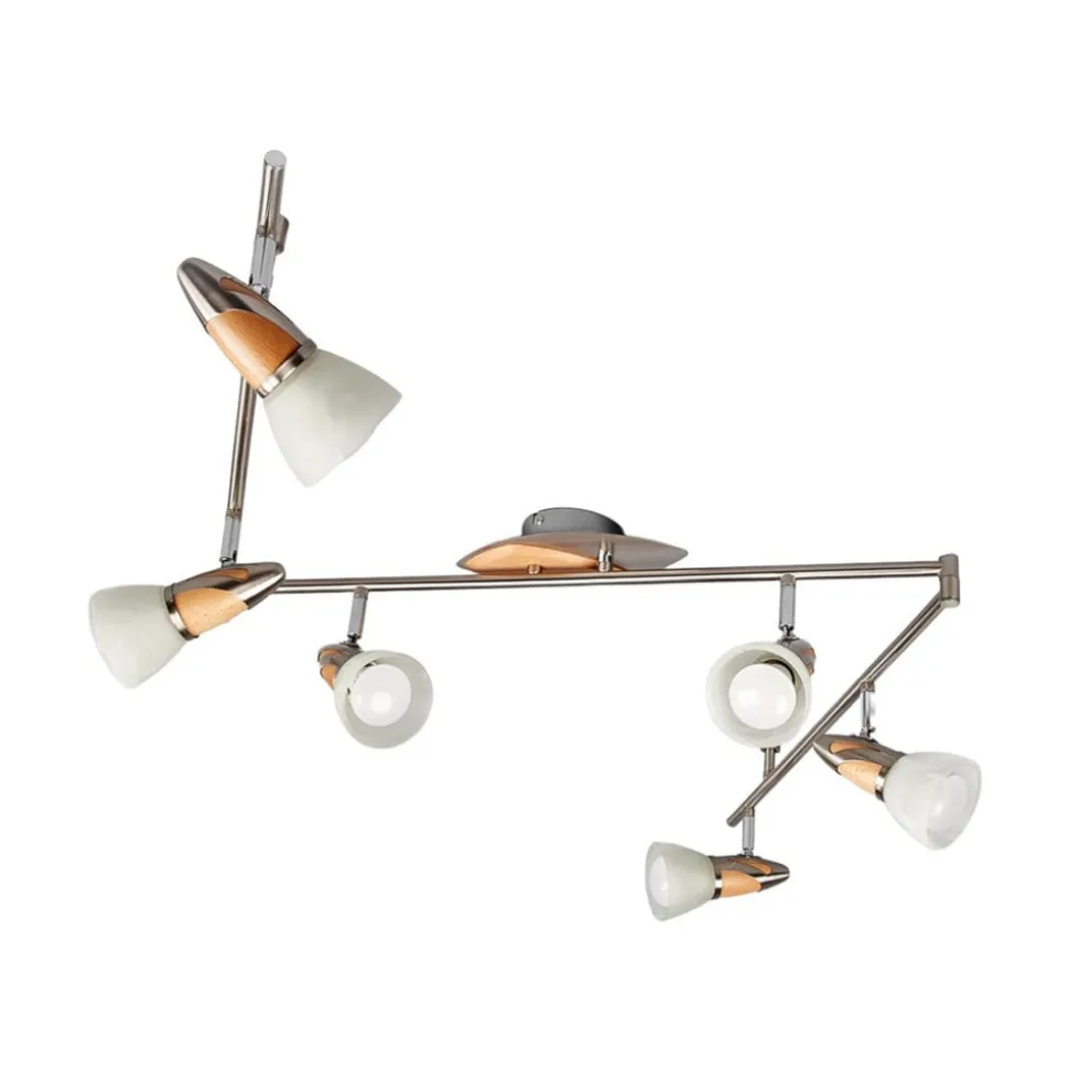 Lindby loftlampe Marena, 6 lyskilder, glas, træ, 180 cm lang