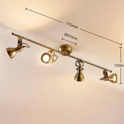 Lindby loftlampe Perseas, 78 cm, 4 lyskilder, antik messing, GU10