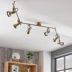 Lindby loftlampe Perseas, 180 cm, 6 lyskilder, antik messing, GU10