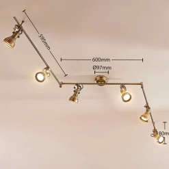 Lindby loftlampe Perseas, 180 cm, 6 lyskilder, antik messing, GU10