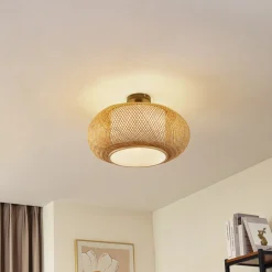 Lindby loftlampe Romaine, bambus, natur/hvid, Ø 50 cm