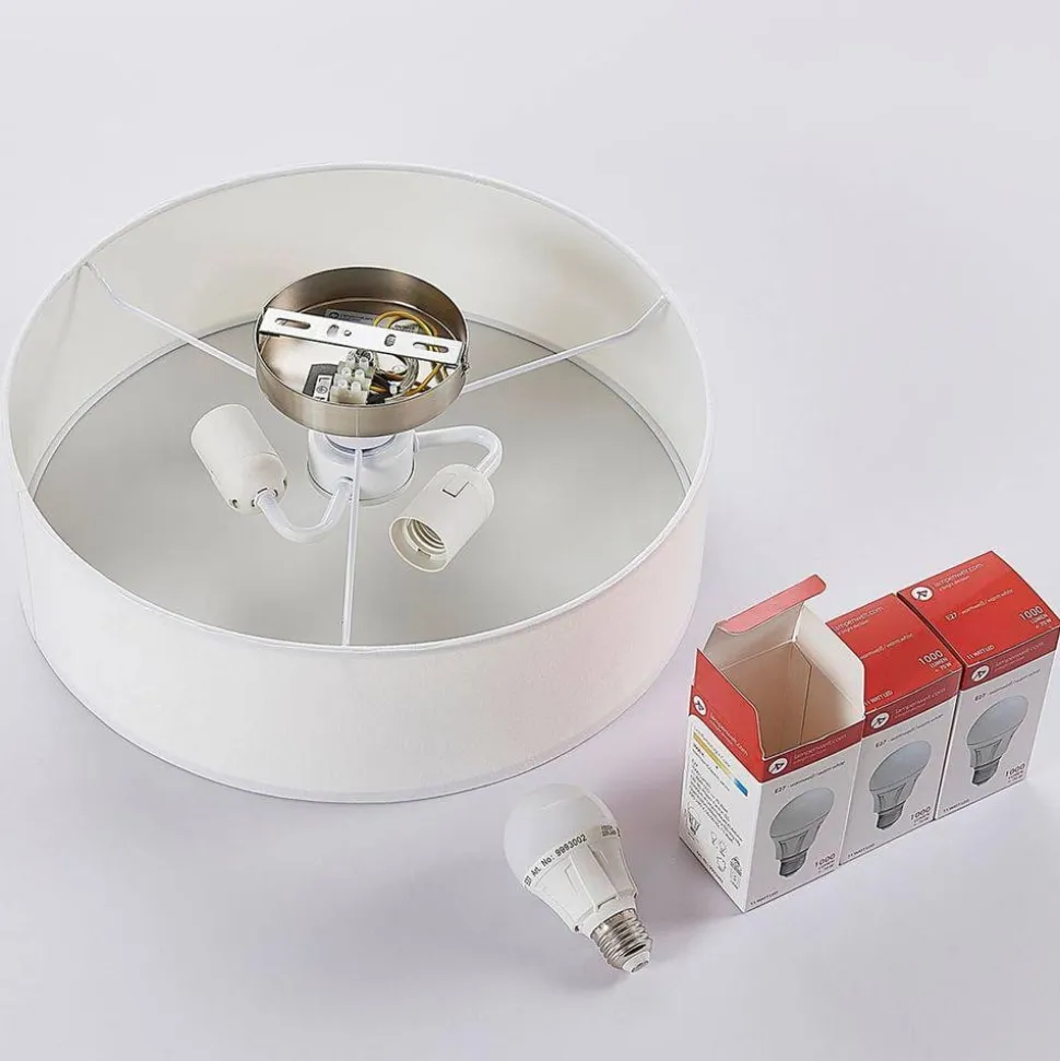 Lindby loftlampe Sebatin, Ø 40 cm, hvid, stof, E27