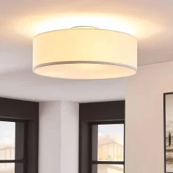 Lindby loftlampe Sebatin, Ø 40 cm, hvid, stof, E27