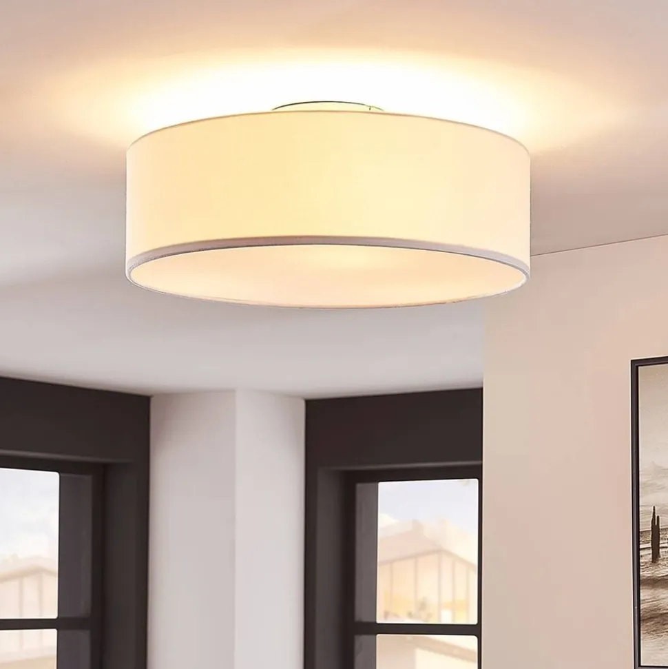 Lindby loftlampe Sebatin, Ø 40 cm, hvid, stof, E27