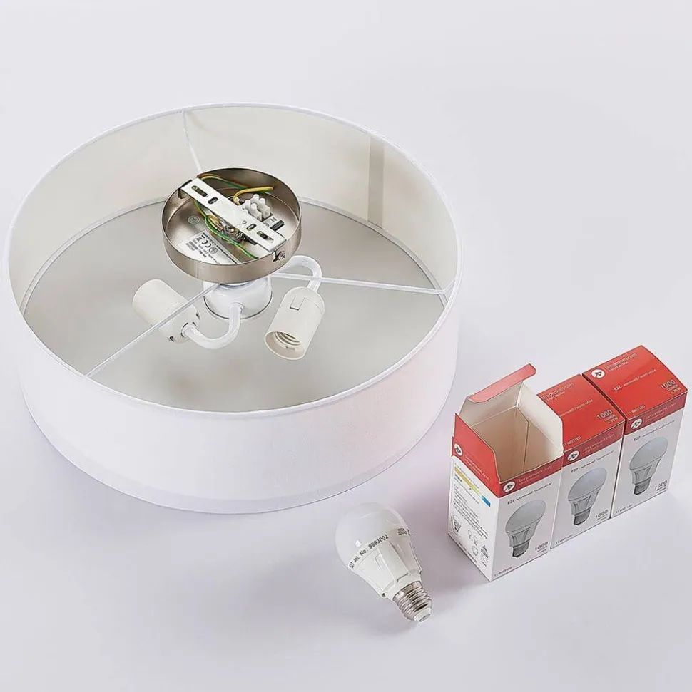 Lindby loftlampe Sebatin, Ø 40 cm, hvid, stof, E27