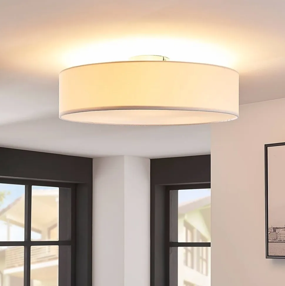 Lindby loftlampe Sebatin, Ø 50 cm, hvid, stof, E27